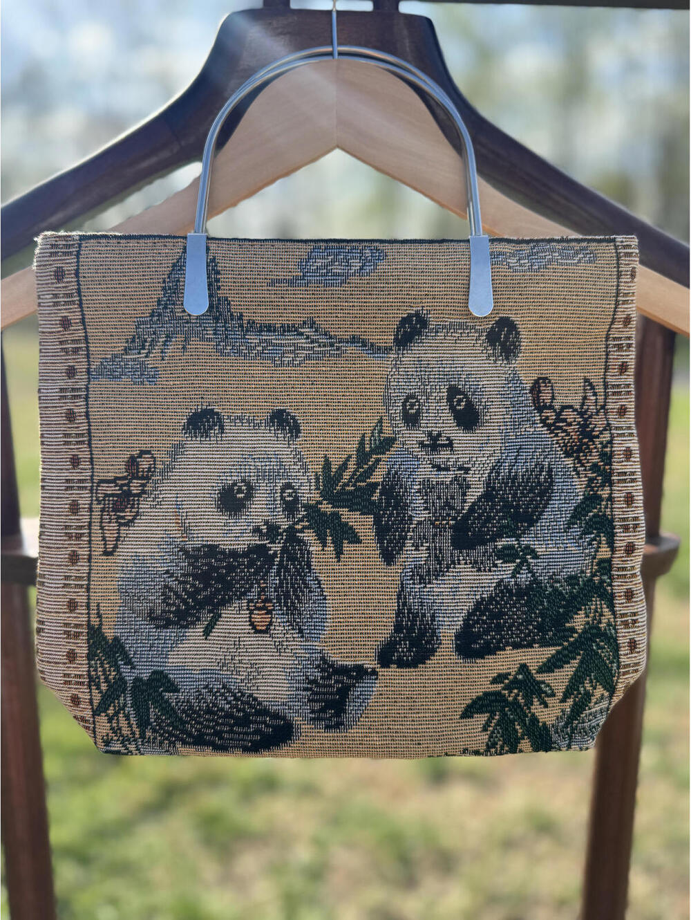 Vintage Panda Tapestry Tote Bag with Metal Handles - #204